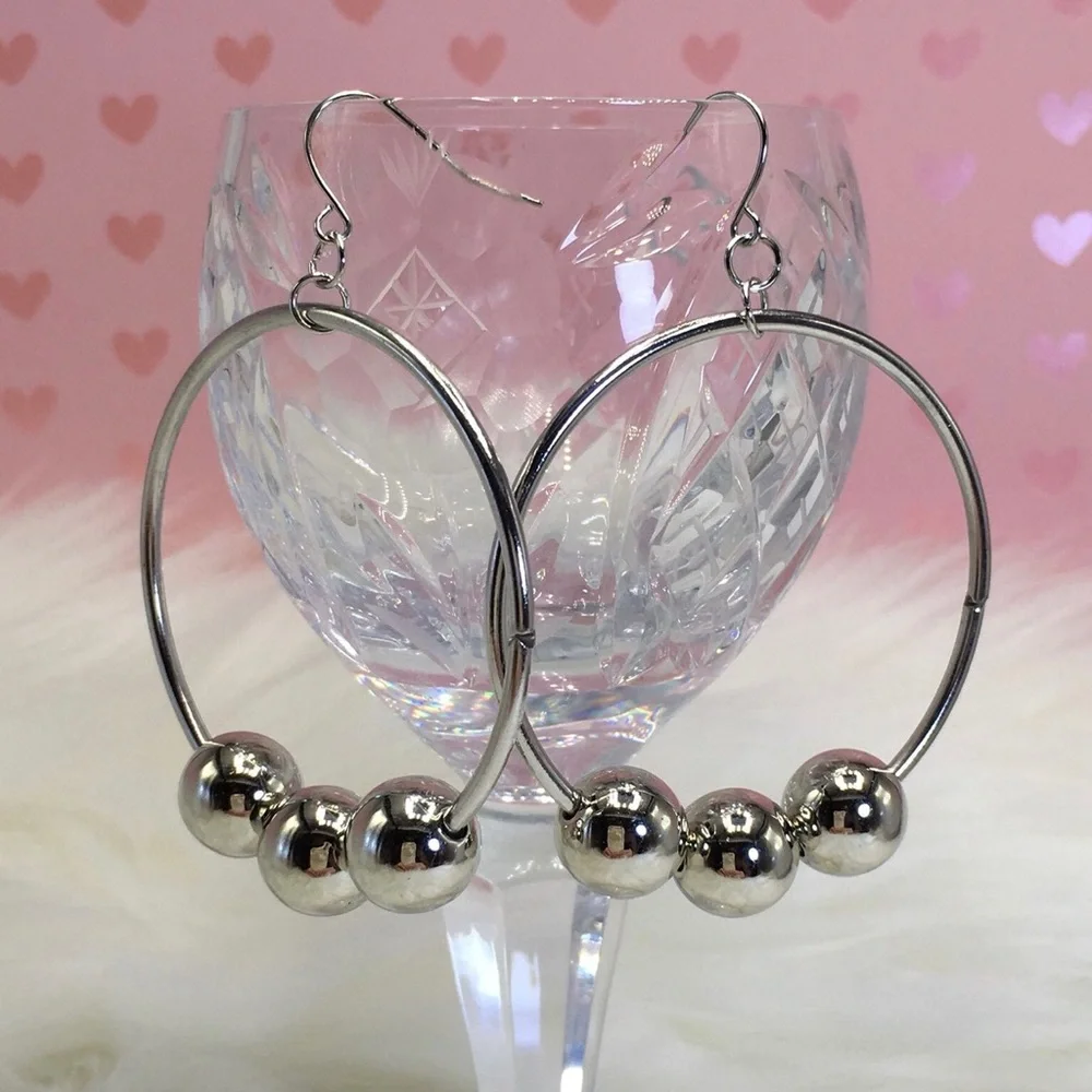 Nordstrom silver hoop earrings 2" ball dangle - Picture 3 of 7